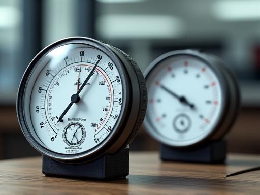 Estación meteorológica amateur con barómetro e higrómetro sobre mesa de laboratorio
